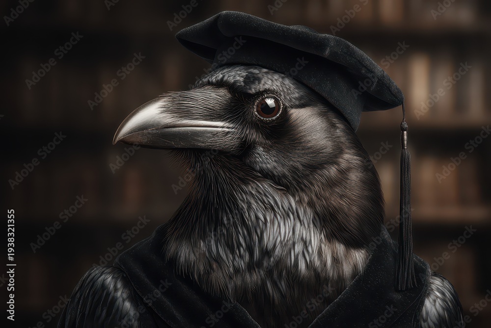 Naklejka premium An intelligent raven wearing a graduation cap and gown, standing in front of bookshelves, symbolizing knowledge and the pursuit of higher education.