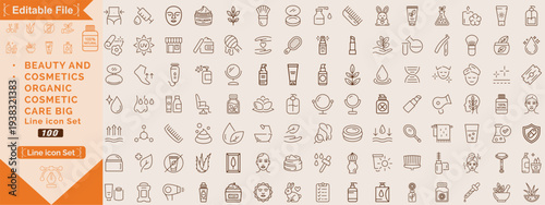 Beauty and cosmetics, Organic, Cosmetic, Care and Natural Big line icon set. Beauty and spa. Linear icon collection. Editable stroke. Vector illustration