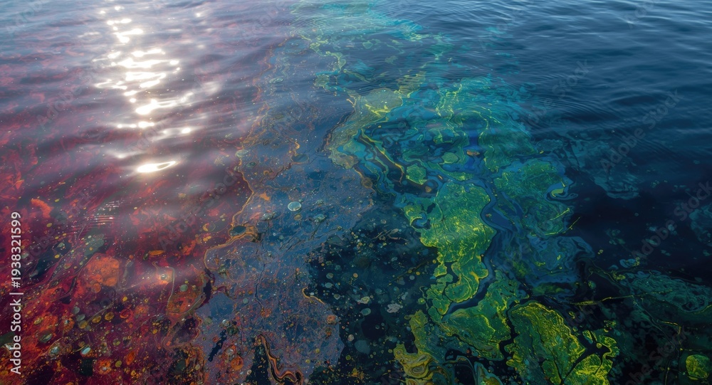 Fototapeta premium Colorful oil spill reflections on lake surface under bright sunlight