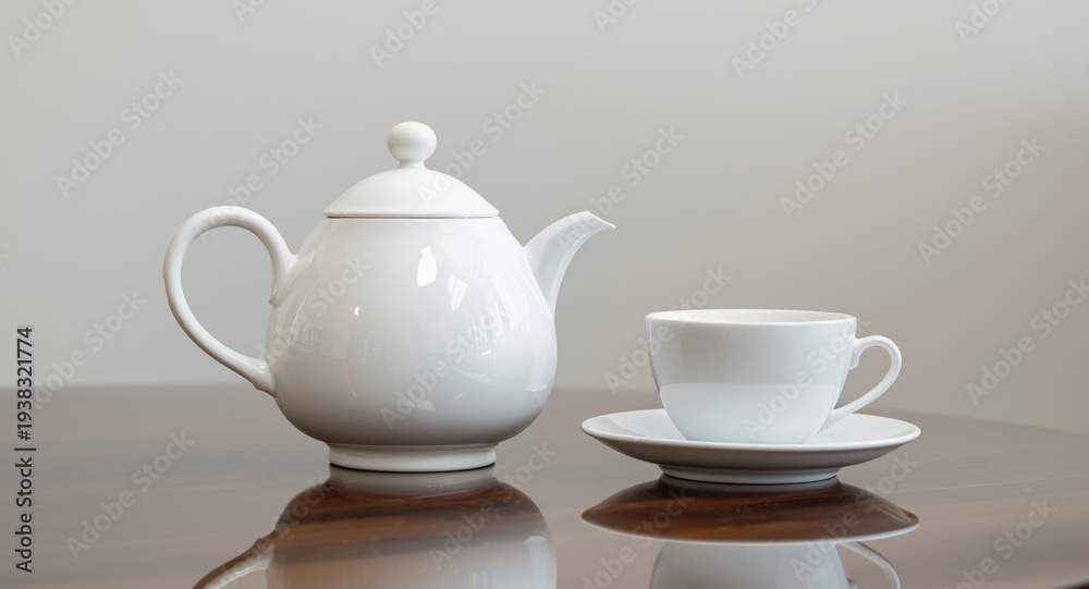 Fototapeta premium Elegant white teapot alongside a cup positioned on a polished table surface