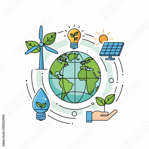 Sustainable Energy Icons Around Globe