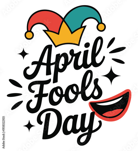 April Fools Day jester hat with colorful jester cap and playful smile in vibrant colors on black background for prankster