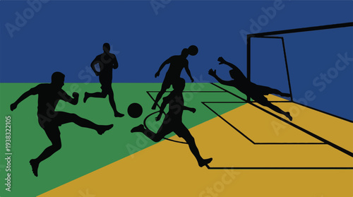 Dynamic silhouette illustration of football players and goalkeeper in action