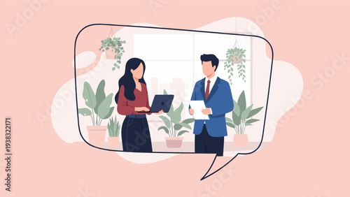 Business meeting vector illustration of two professionals discussing work on a laptop and documents in an office setting, conceptual graphic