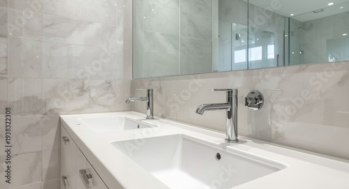 Wallpaper Mural Dual faucet sink installation with mirror reflecting pristine bathroom interior Torontodigital.ca