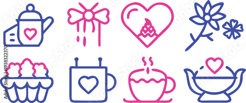 A collection of colorful linear icons depicting tea sweets and romantic heart motifs high quality professional