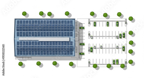 Aerial view of a modern building with a parking lot and trees.