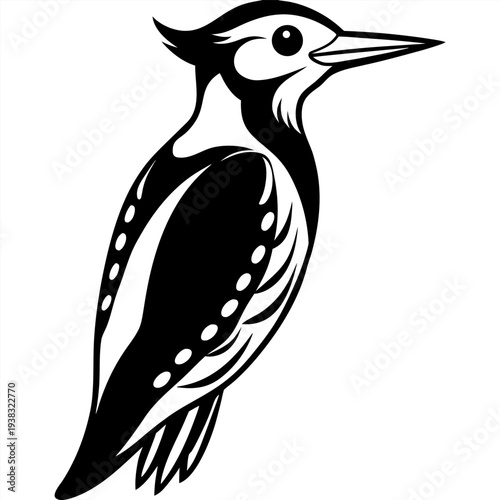 A stylized illustration of a woodpecker, centered in the frame against a stark white background. The bird is depicted in a side profile, oriented to the right, showcasing its detailed plumage and feat