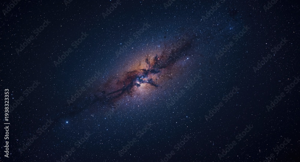 Fototapeta premium Broad cosmic scene featuring a luminous galaxy and countless stars in blue violet hues
