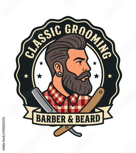 T-shirt designof a bearded man with straight razors vintage label style emblem for barber service and grooming products  T-shirt Design