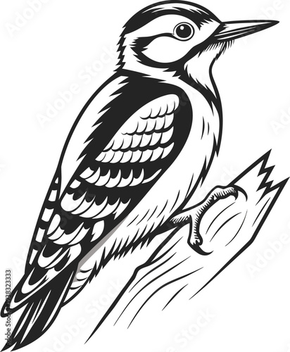A stylized illustration of a woodpecker, centered in the frame against a stark white background. The bird is depicted in a side profile, oriented to the right, showcasing its detailed plumage and feat