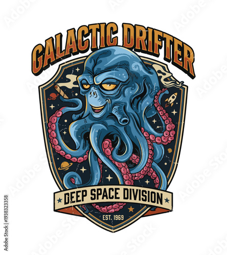 Galactic drifter deep space t-shirt design division badge with blue octopuslike alien creature and planets in space isolated on transparent background T-shirt Design