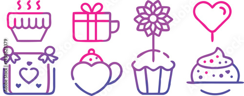 A collection of purple line art icons depicting sweet treats and celebratory elements high quality professional