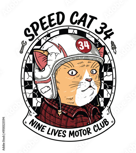 Illustration of a cat t-shirt design wearing a helmet and a plaid shirt with a checkered flag background and racing theme elements isolated T-shirt Design