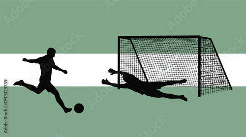 Dynamic soccer game silhouette: player shooting, goalkeeper making a save