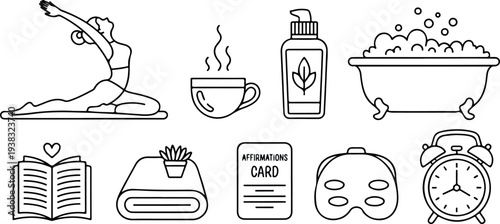 Mental health and daily wellness line icons featuring yoga stretching coffee bath and mindfulness activities