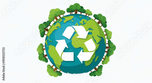 Earth with recycling symbol surrounded by trees and eco friendly symbols representing environmental conservation and sustainability