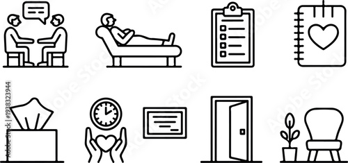 Mental health therapy session with therapist counselor and client icons representing support psychology