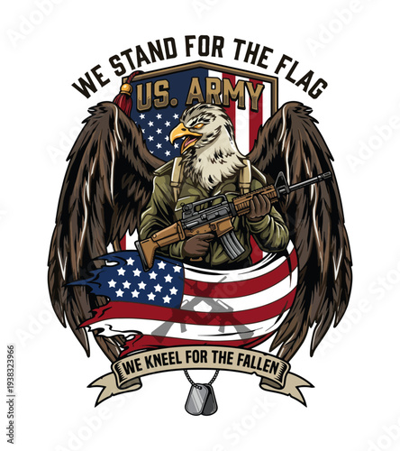 Eagle t-shirt design with rifle and american flag background with us army text and we stand for the flag we kneel for the fallen T-shirt Design