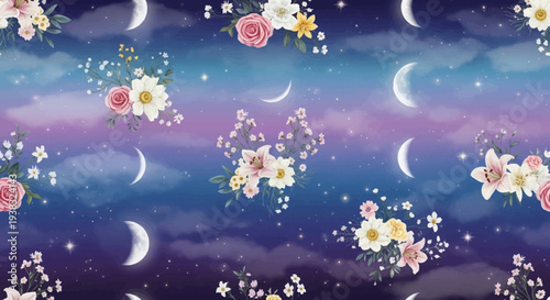 Whimsical Floral Night Sky with Moons and Stars