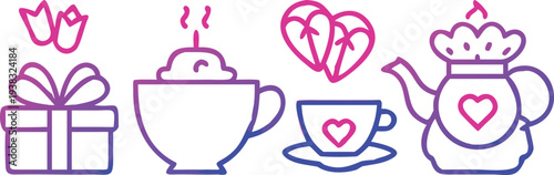 A colorful linear illustration depicts a gift tea and heart themed collection of icons high quality