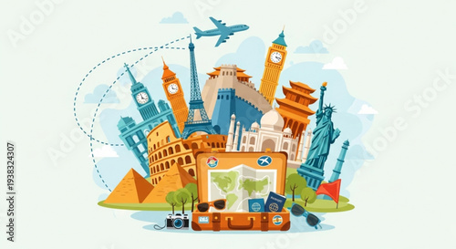 Travel destinations around the world with famous landmarks and suitcases on a map