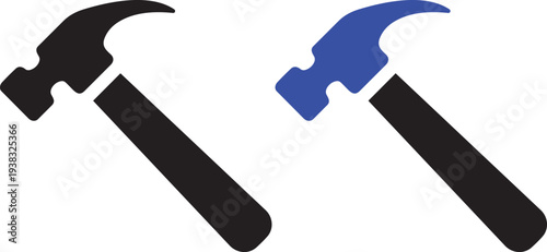 Hammer Icons: Illustrative rendering of two hammers, one black and one blue, representing tools of construction and repair. Ideal for design.