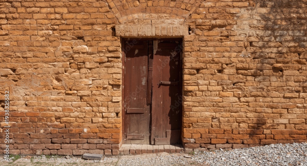 Naklejka premium A rustic brick wall featuring a central door with a notable opening