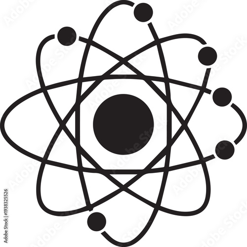 Vector atom icon, black and white science symbol