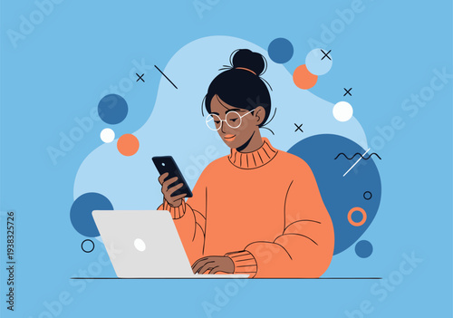 Modern vector illustration of a young woman multitasking with a laptop and smartphone, showcasing remote work and digital lifestyle concepts