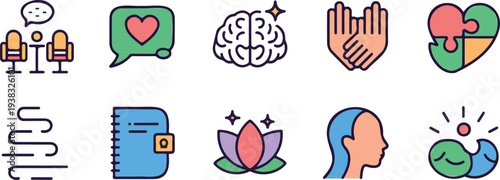 Mental health icons set including brain heart speech bubble puzzle meditation lotus and therapeutic session