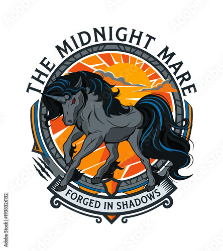 Midnight mare horse t-shirt design emblem with unicorn horn and flowing mane on sunset background in ornate frame  isolated on transparent background T-shirt Design