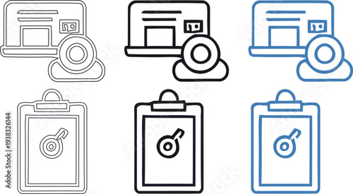 Collection of icons featuring magnifying glass on various devices and documents