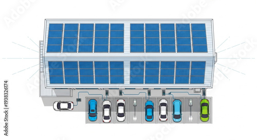 Aerial View of Solar Panel Carport with Electric Vehicles Charging.