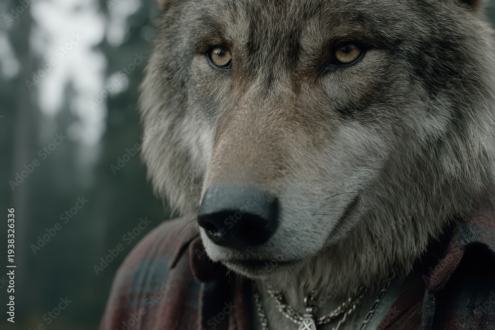 Fototapeta premium Close-up of a wolf's face in human clothes showing its piercing gaze and detailed fur, with a chain necklace, conveying a sense of fantasy and animal anthropomorphism.