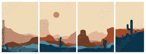 Minimalist desert landscape set with cactus, sand dunes, and sun, boho vector wall art.