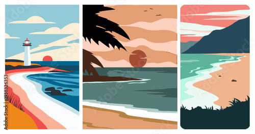 Coastal landscape triptych with lighthouse, sunset beach, and ocean waves, flat vector art.