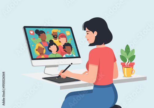 Diverse Group of People Connected Online Through Technology, Digital Illustration Vector