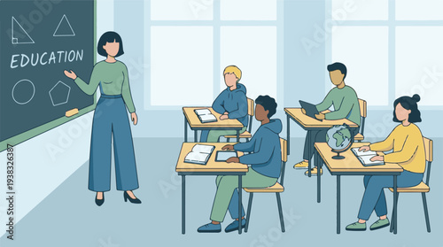 Teacher instructing diverse students in a modern classroom setting with technology