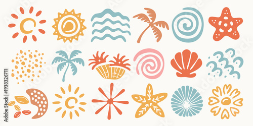 Collection of hand drawn summer icons and tropical elements