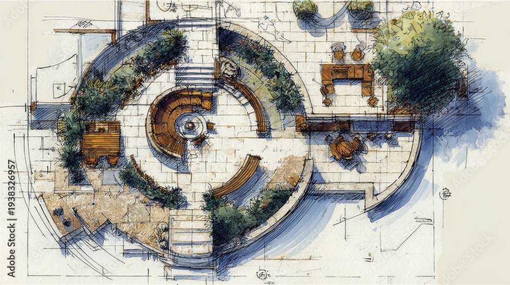 Obraz premium Detailed landscape architectural plan drawing an outdoor living space with seating, paving, garden beds, and trees, highlighting design for urban lifestyle and recreation