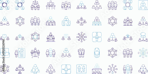 Collection of blue line icons depicting people groups and collaboration