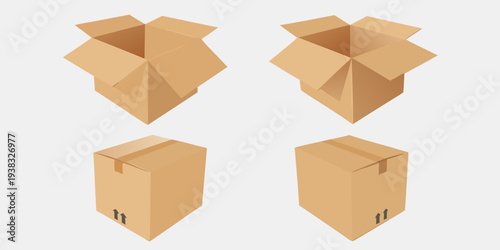 Four views of an open and closed cardboard box illustration
