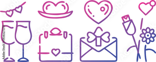 A collection of vibrant purple line art icons representing love gifts and celebration high quality professional