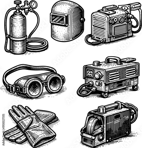 Vintage Woodcut Tools Collection Shoemaker Tailor Carpenter Illustration