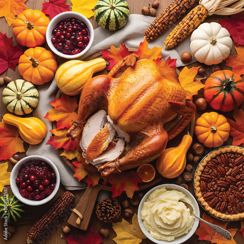 Roasted Turkey with Pumpkins and Vegetables on Wooden Table for Thanksgiving