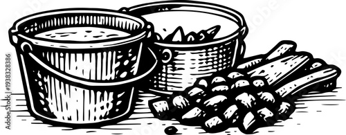 Vintage Engraving Buckets with Cassava Tubers and Nuts Illustration Retro Farm Harvest