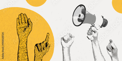 Hands raised in protest with a megaphone demanding to be heard