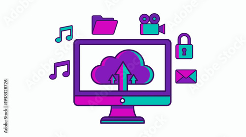 Colorful computer screen displaying cloud upload icon surrounded by data icons, concept for data storage website, digital marketing campaign and software interface design