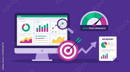 Data analyst examining dashboard analytics, target achieved with high performance gauge, concept for business strategy presentation, financial reporting and goal tracking, marketing analysis